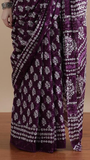 Violet Floral Handblocked Pure Mul Cotton Saree