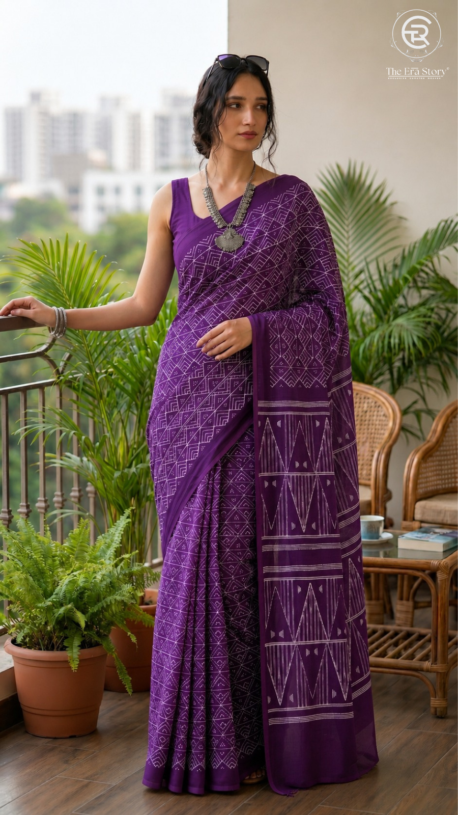 Purple Geometric Handblocked Pure Mul Cotton Saree