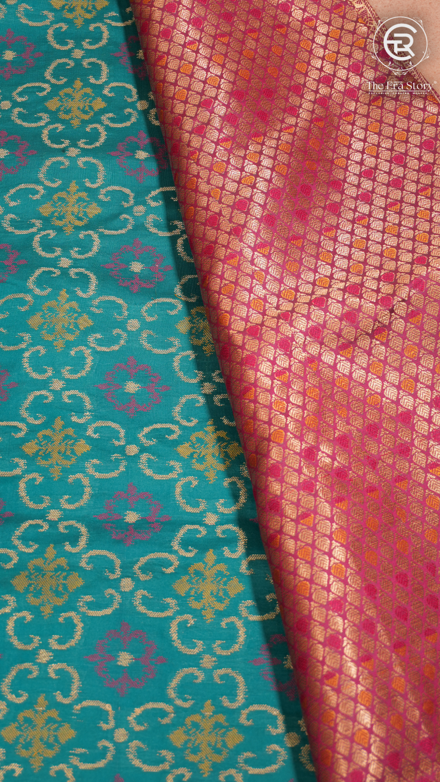Turquoise Blue and Pink Zari Weaved Banarasi Silk Saree