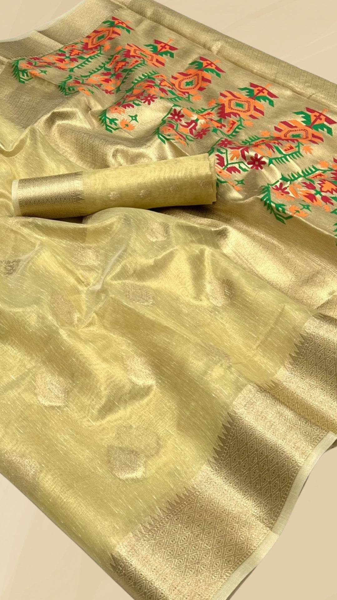 Yellow Jamdani Kora Tissue Silk Saree