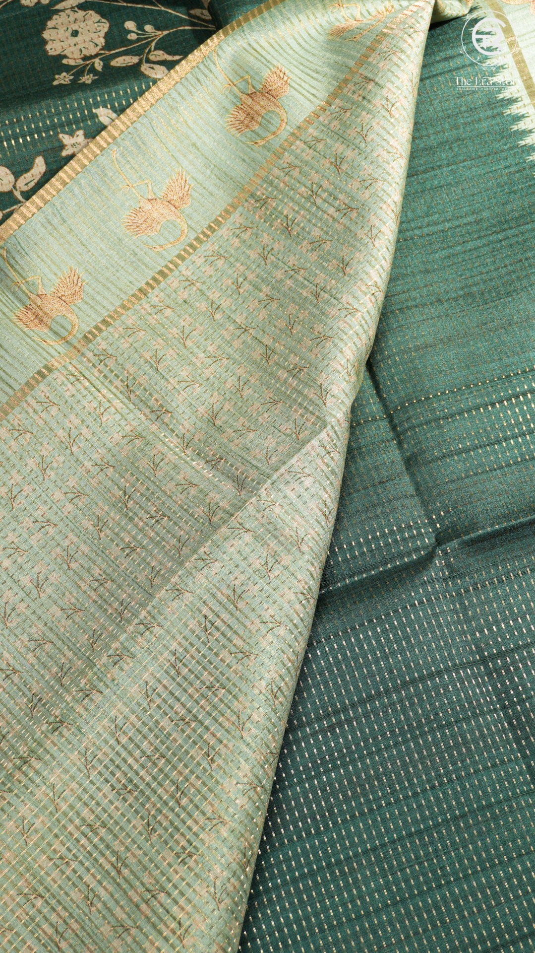 Forest Green & Soft Green Floral Kantha Matka Tussar Silk Saree