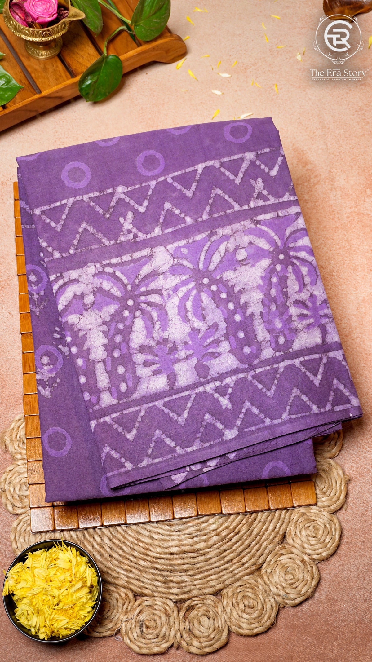 Purple Floral Handblocked Pure Cotton Saree
