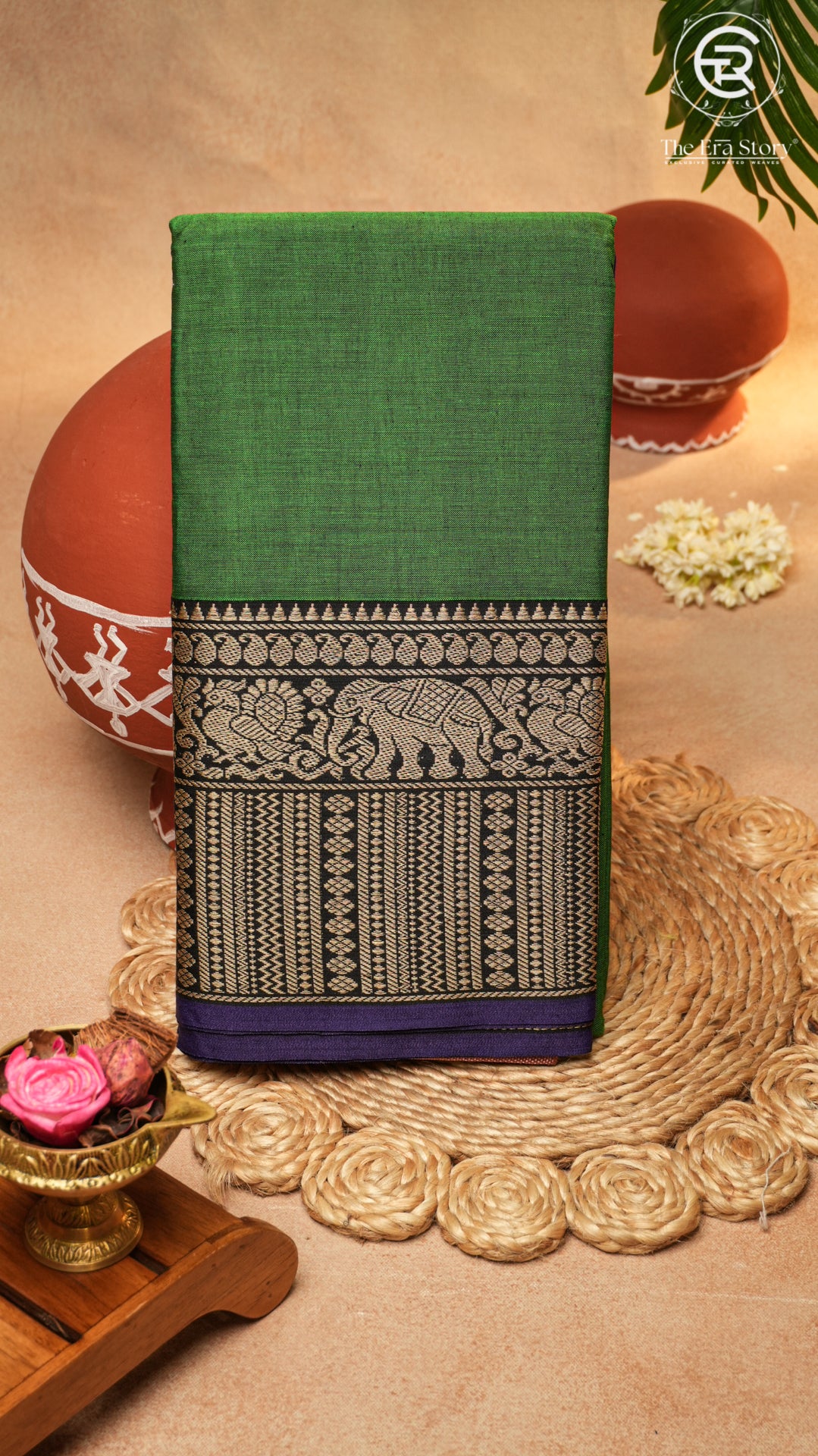 Green Elephant & Peacock Border Handloom Narayanpet Cotton Saree