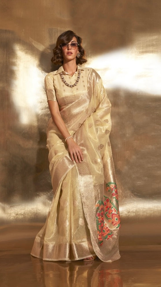 Yellow Jamdani Kora Tissue Silk Saree