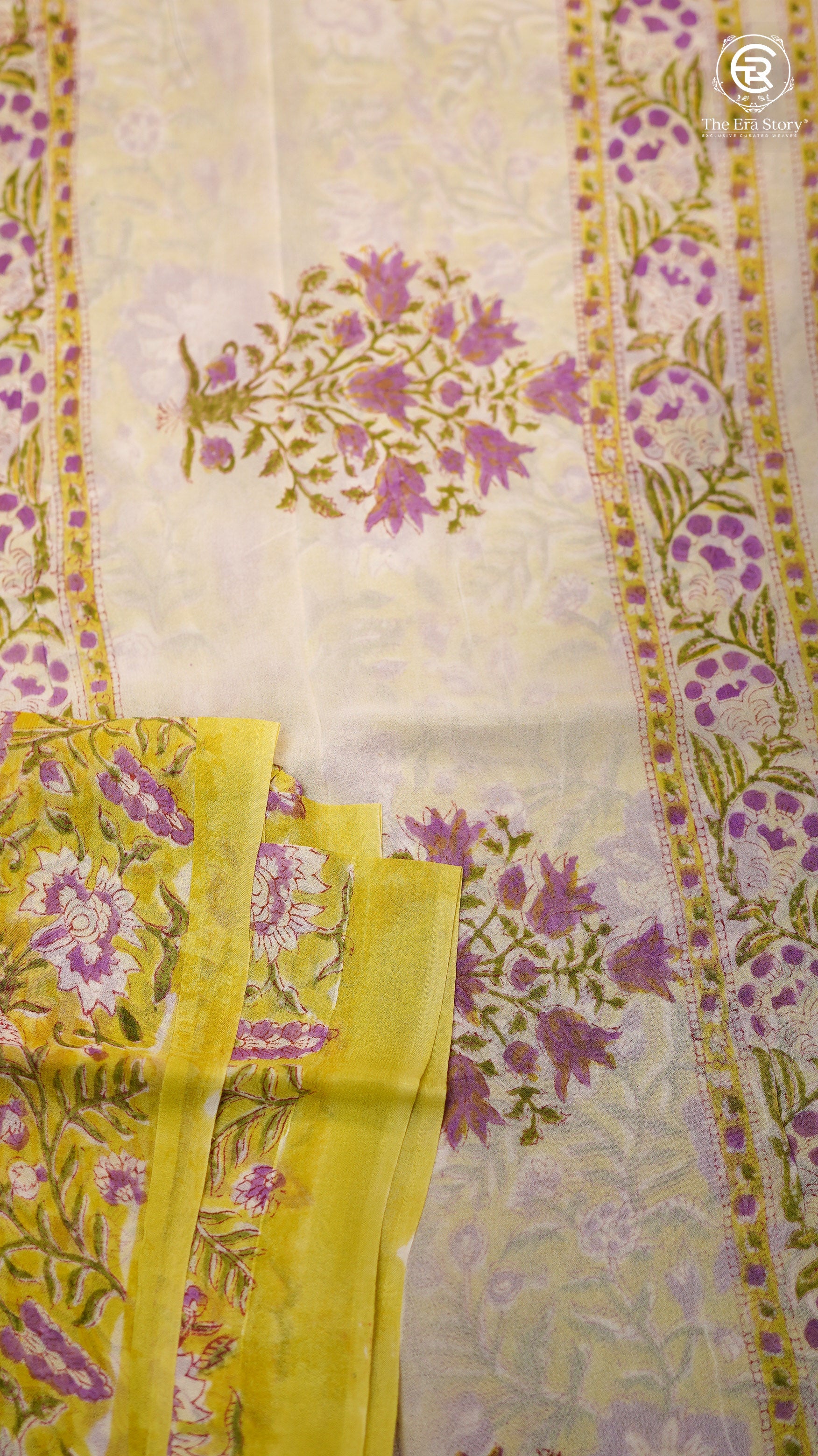 Yellow & Purple Floral Handblocked Pure Georgette Saree