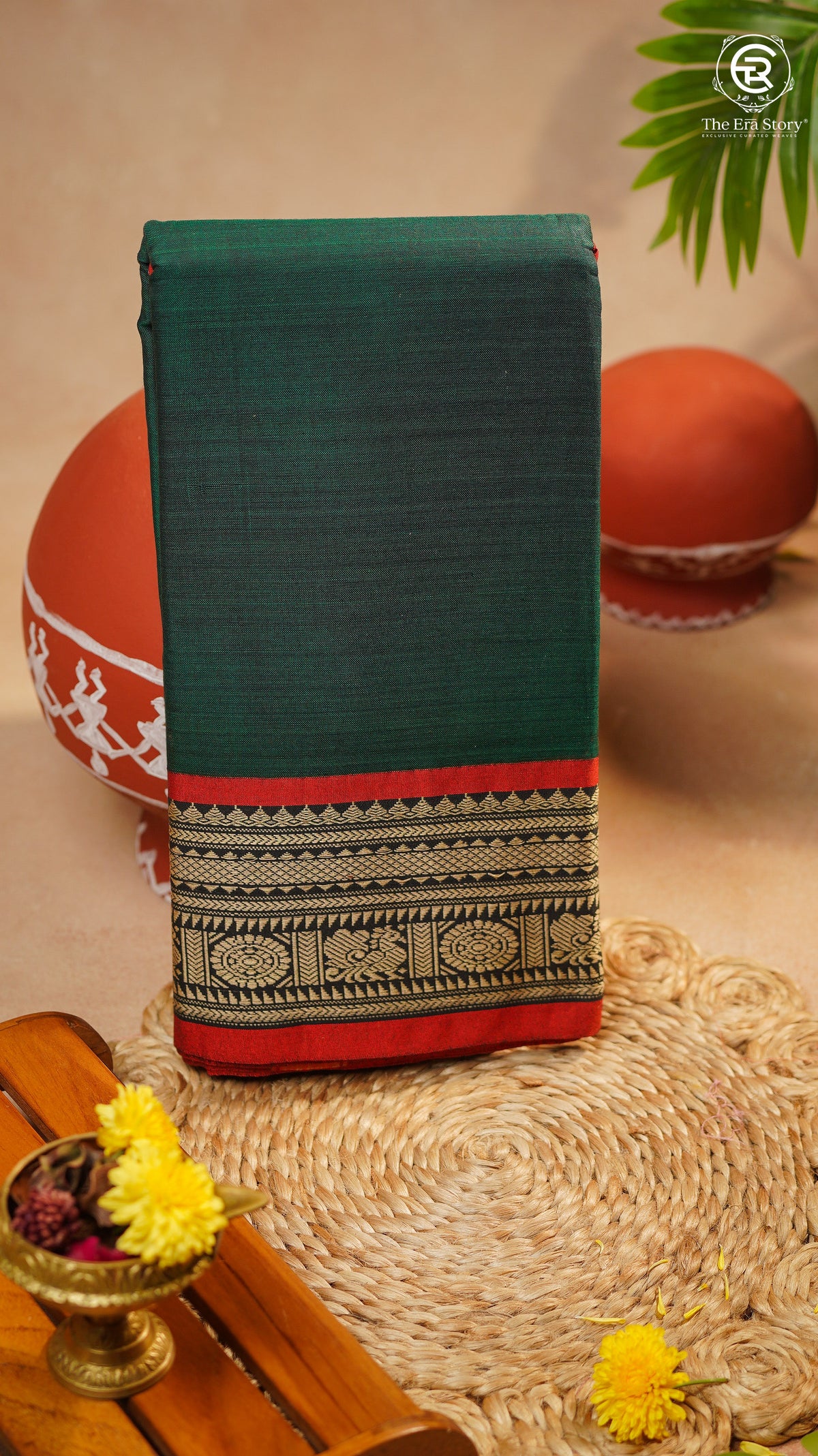 Green & Red Peacock Floral Border Handloom Narayanpet Cotton Saree