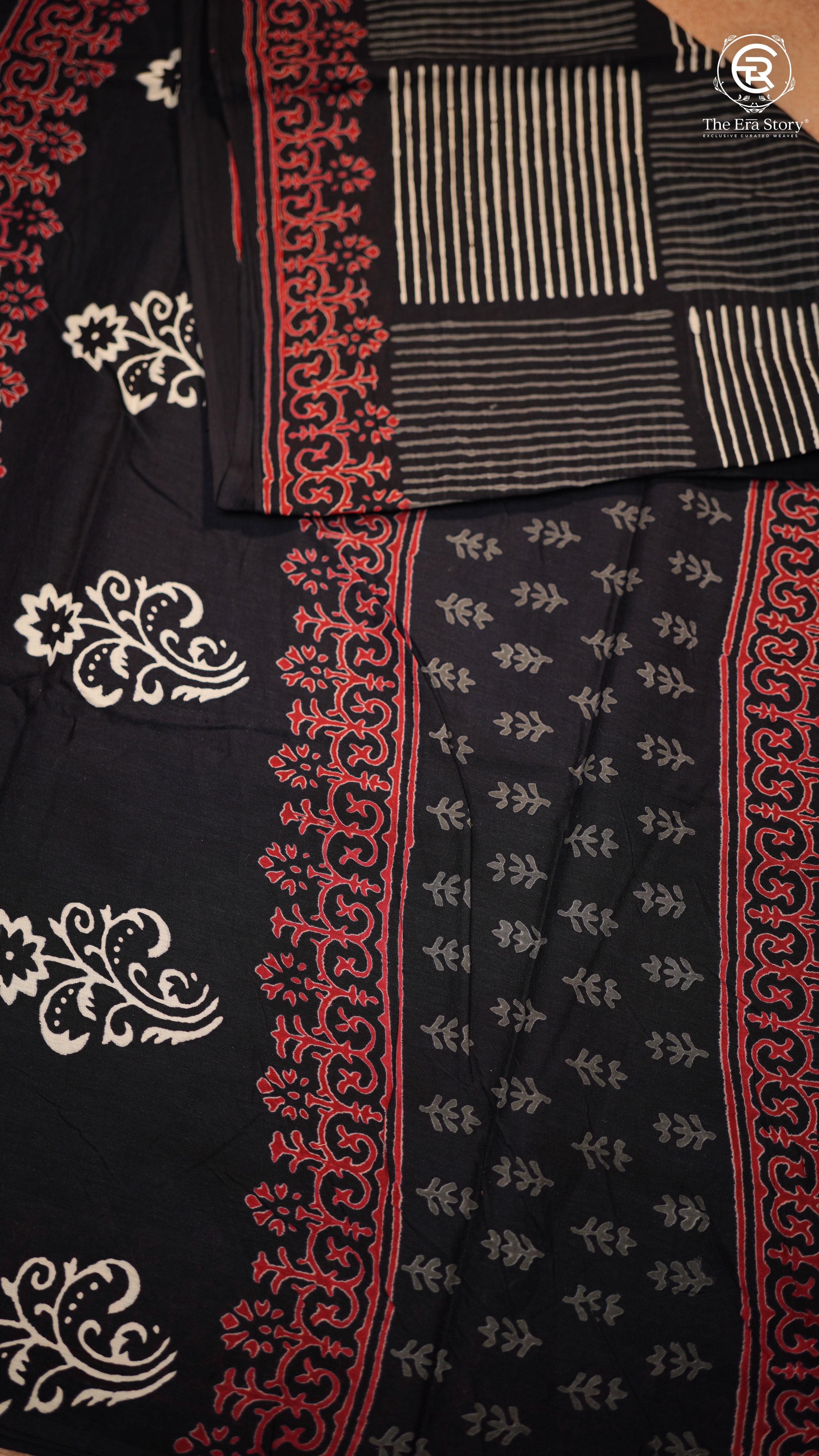 Black Contemporary Handblocked Pure Mul Cotton Saree