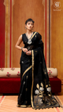 Black Gold Silver Floral Tussar Silk Saree