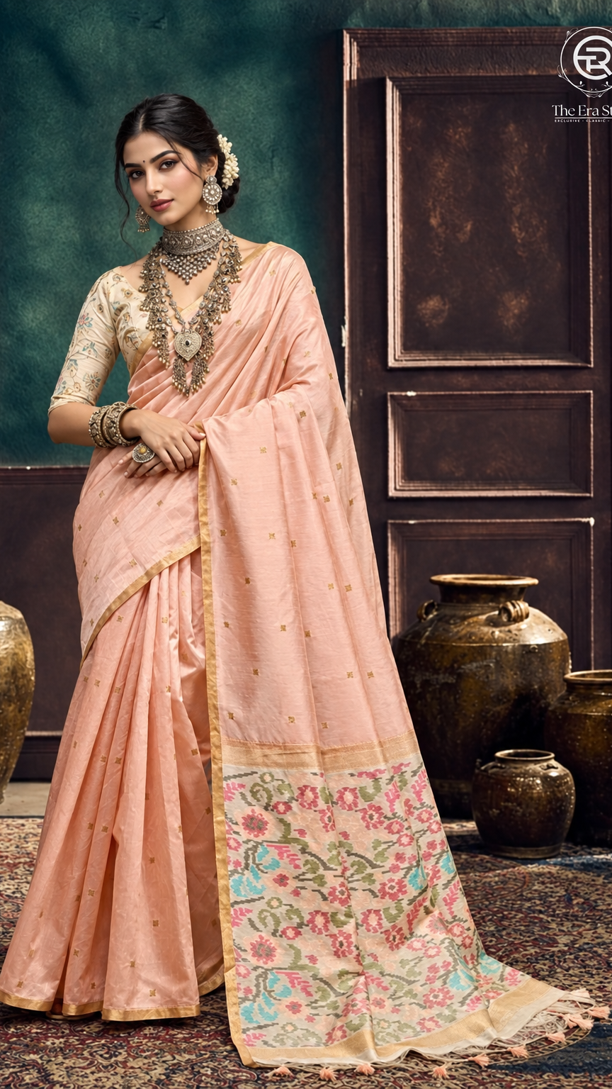 Peach & Gold Ikkat Floral Cotton Saree