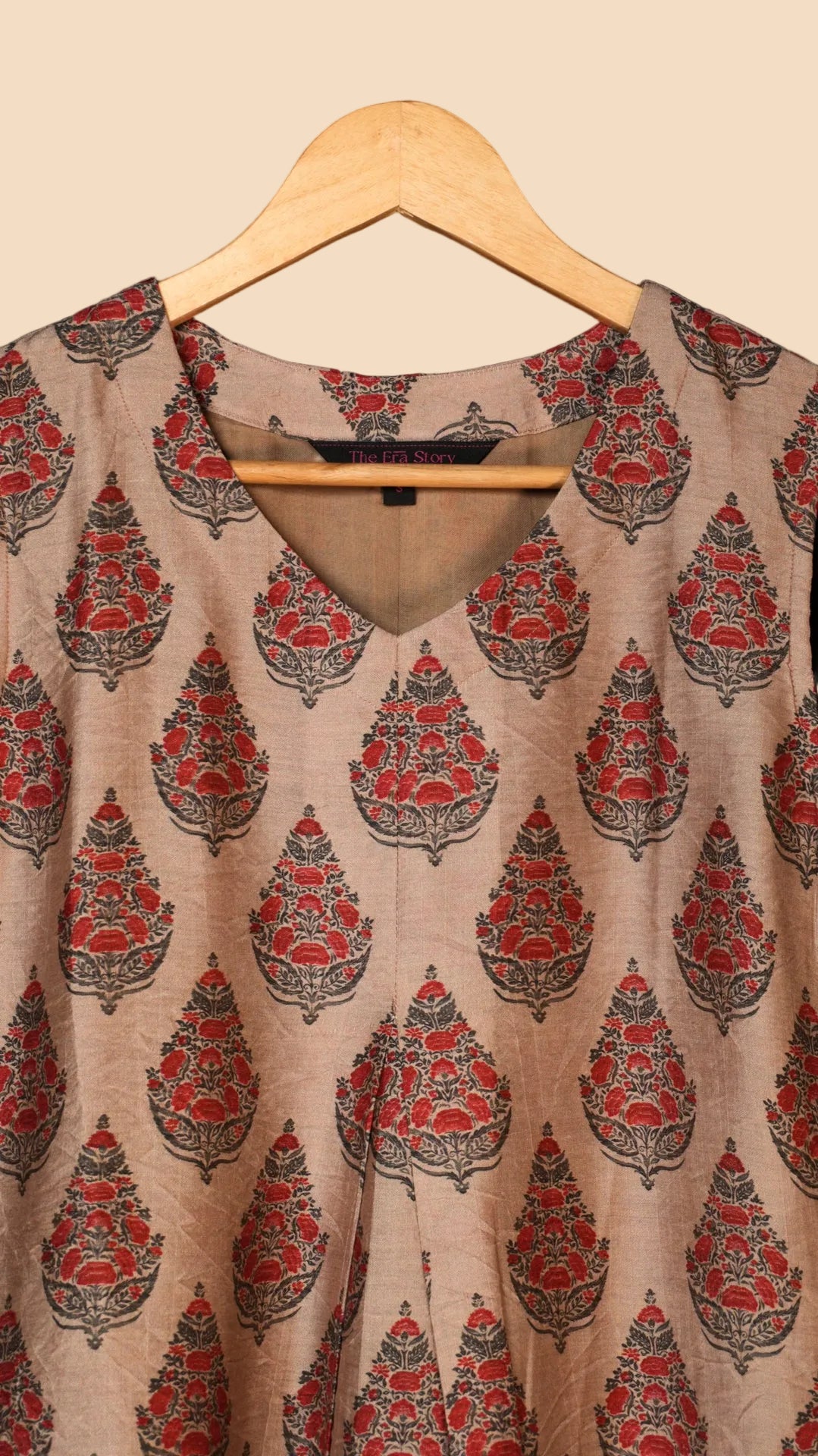 Beige Red Triangle Floral Mogra Chanderi Ready-to-Wear Kurti