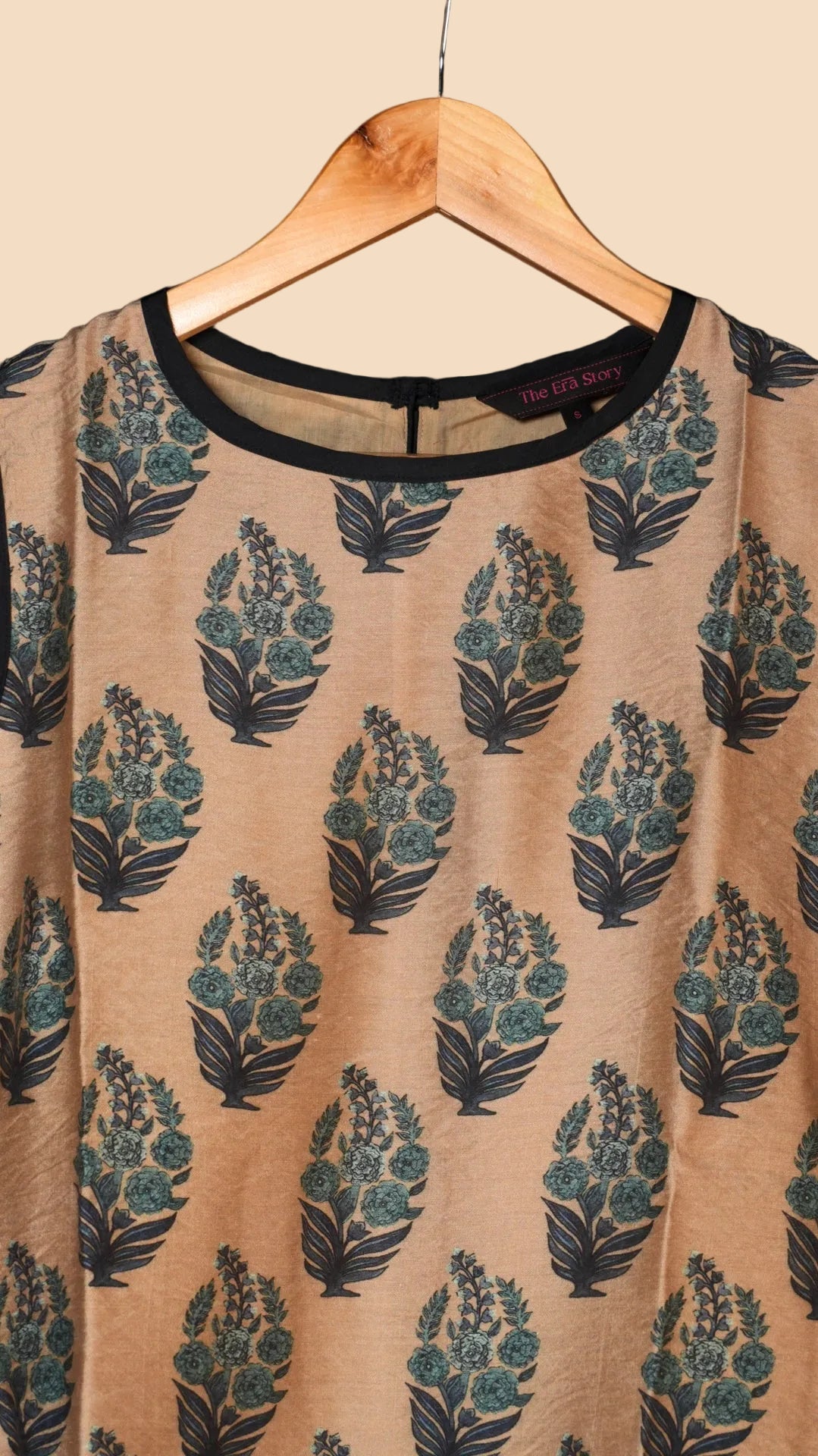 Beige Blue Floral Mogra Chanderi Ready-to-Wear Kurti