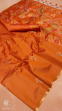 Orange & Gold Kantha Ikkat Parrot Tussar Silk Saree