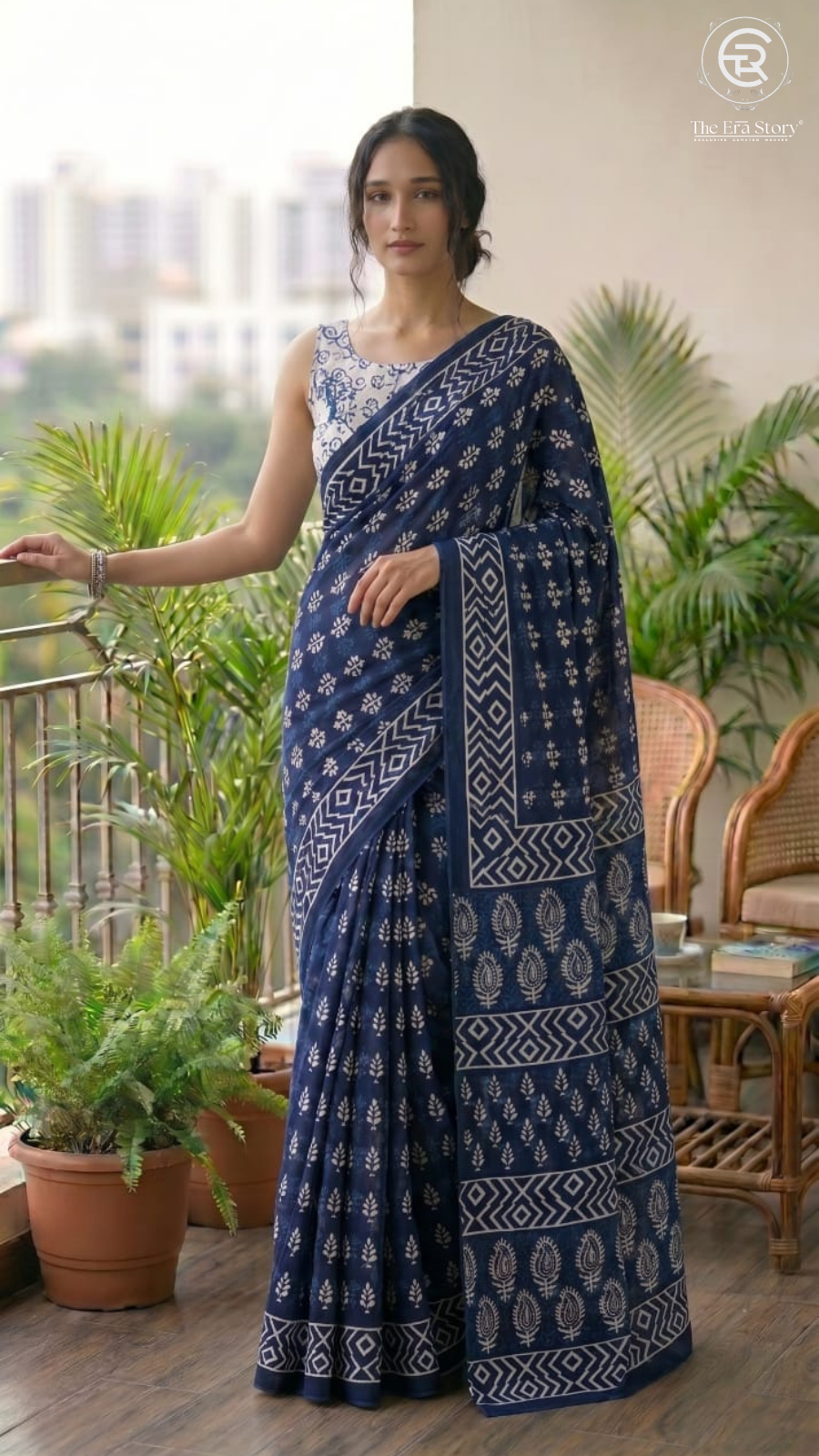 Blue Contemporary Floral Handblocked Pure Mul Cotton Saree
