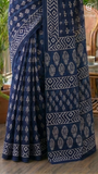 Blue Contemporary Floral Handblocked Pure Mul Cotton Saree