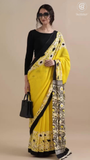 Yellow & Black Contemporary Floral Handblocked Pure Mul Cotton Saree
