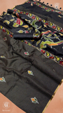 Black & Gold Kantha Ikkat Parrot Tussar Silk Saree