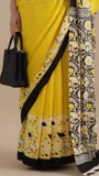 Yellow & Black Contemporary Floral Handblocked Pure Mul Cotton Saree
