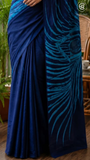 Deep Blue Line Contemporary Handblocked Pure Mul Cotton Saree