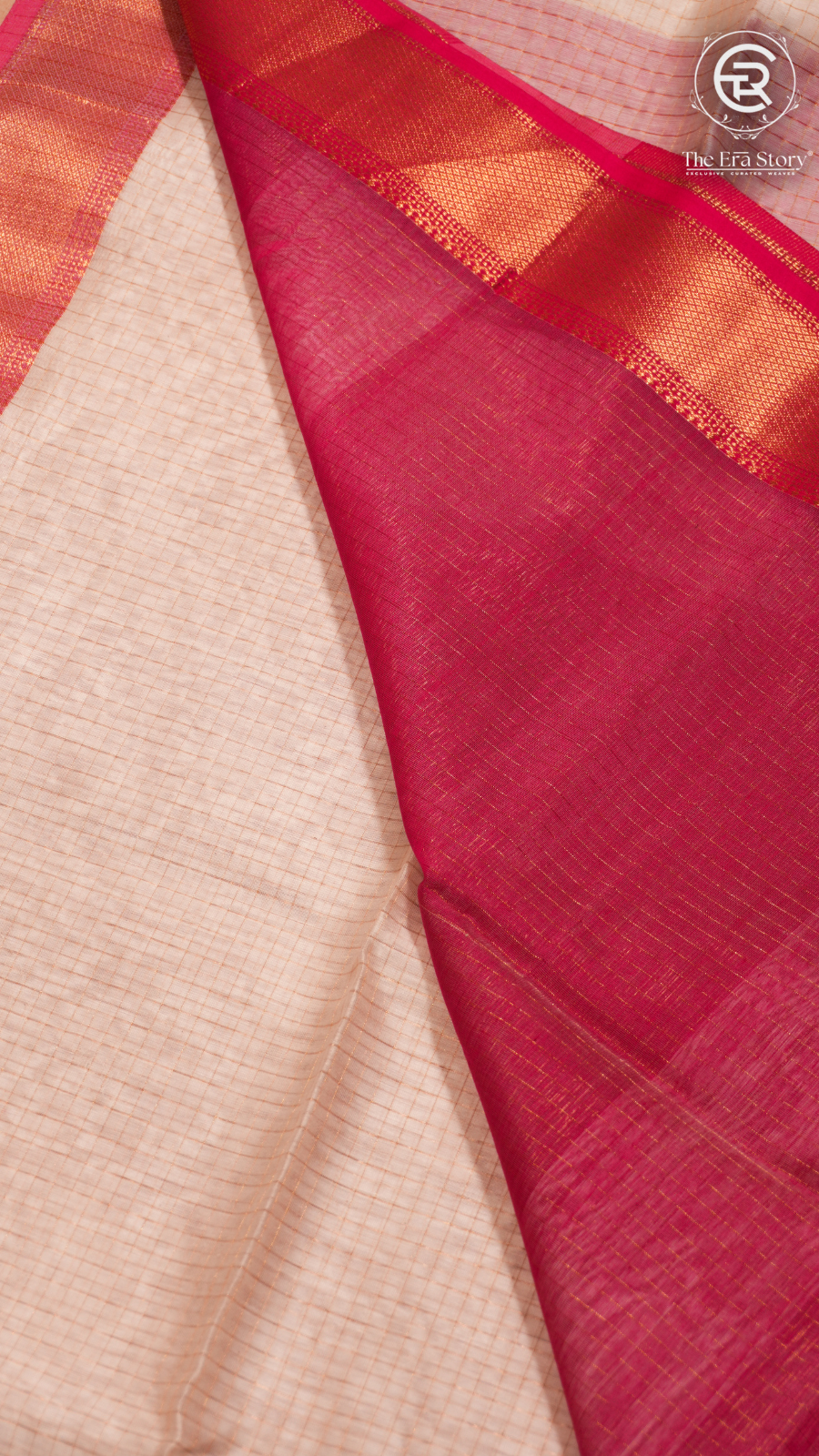 Off-White and Pink Zari Checkered Handloom Pure Maheshwari Silk Saree