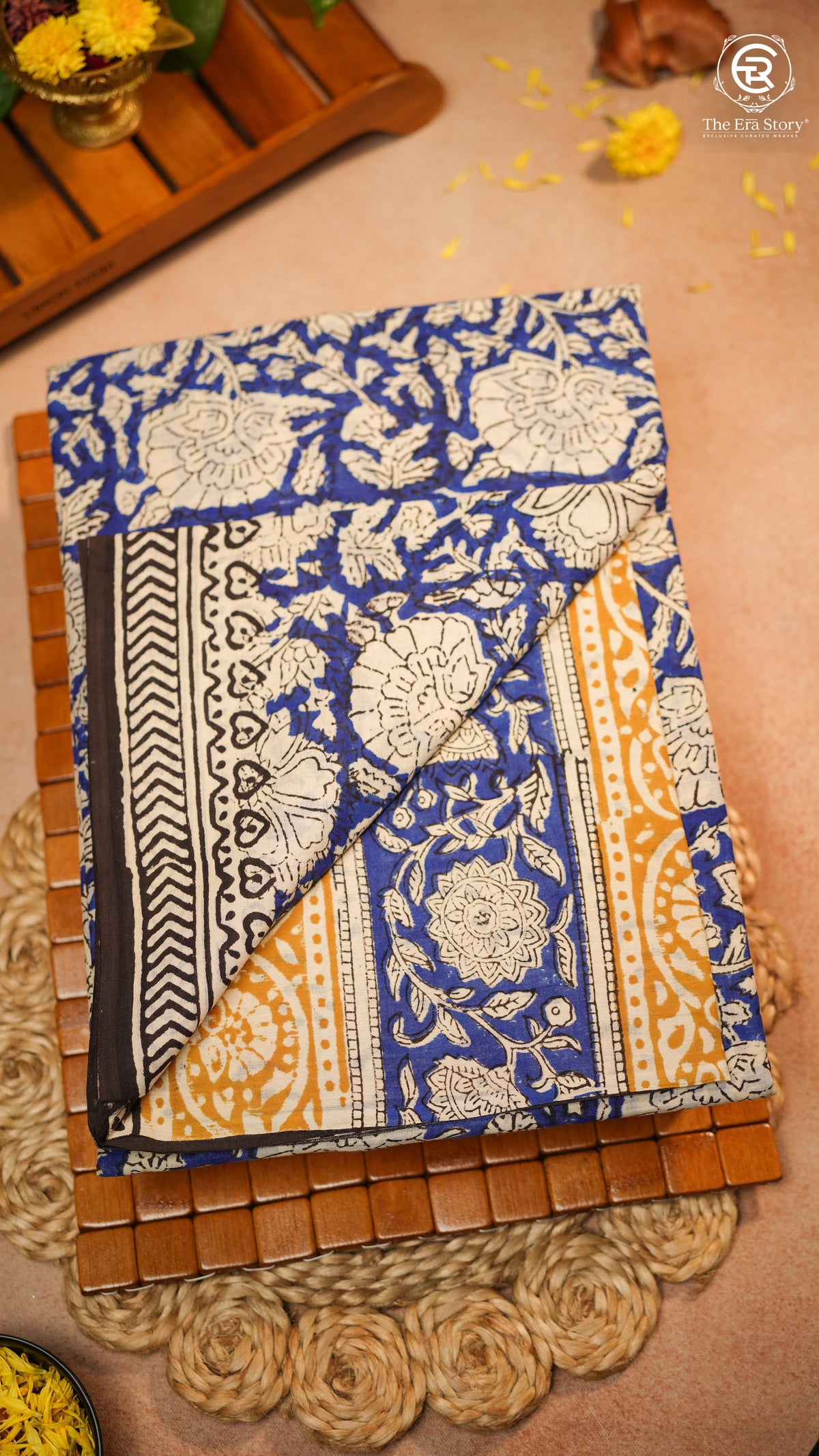 Blue & Yellow Floral Handblocked Pure Mul Cotton Saree