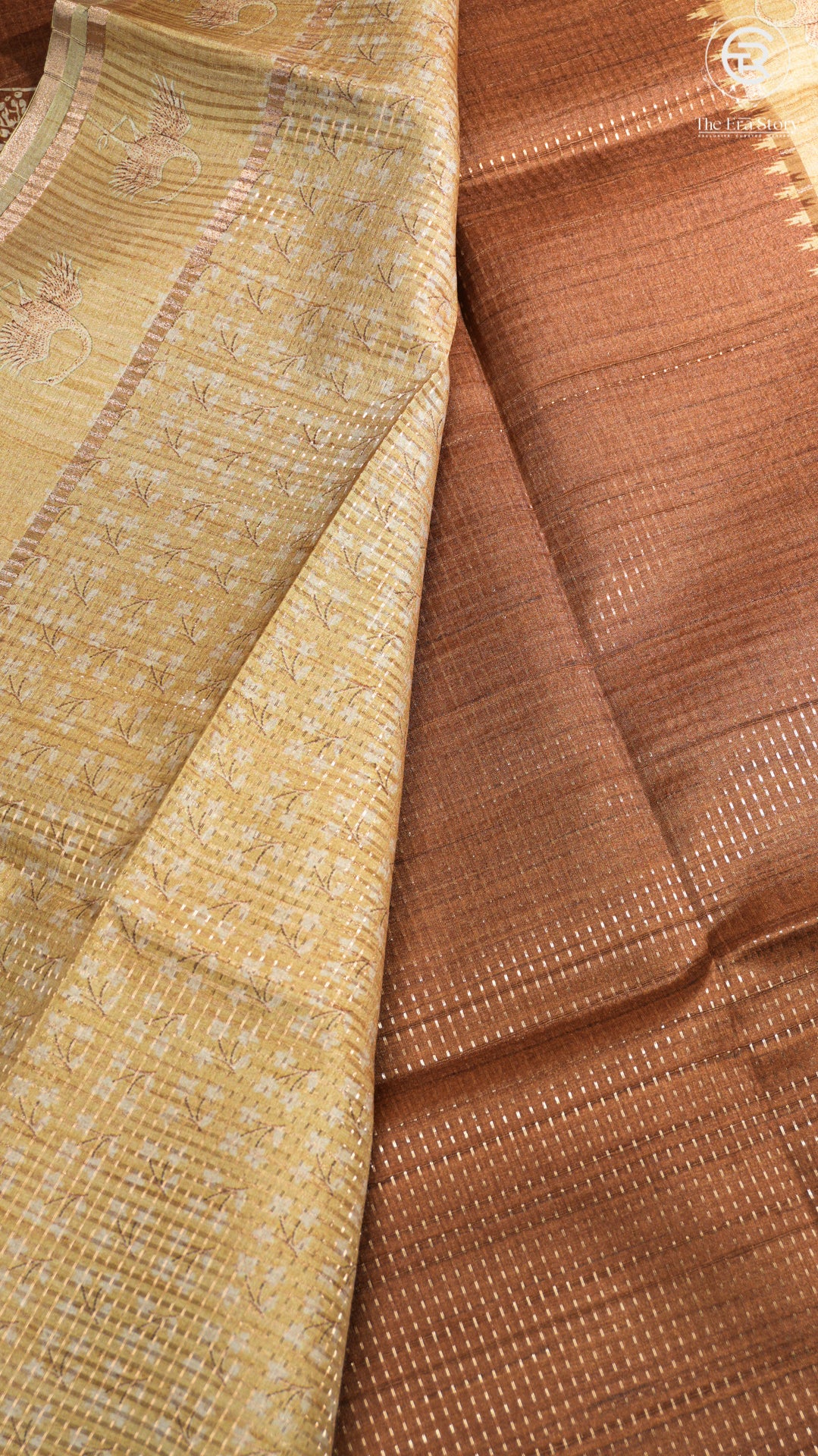 Brown & Beige Floral Kantha Matka Tussar Silk Saree