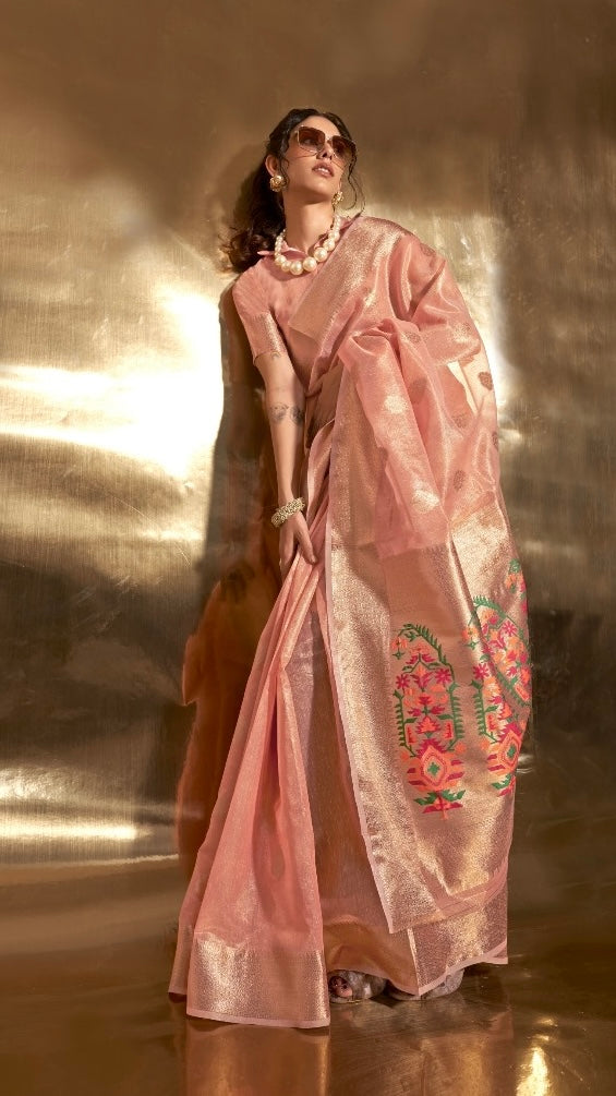 Peach Jamdani Kora Tissue Silk Saree