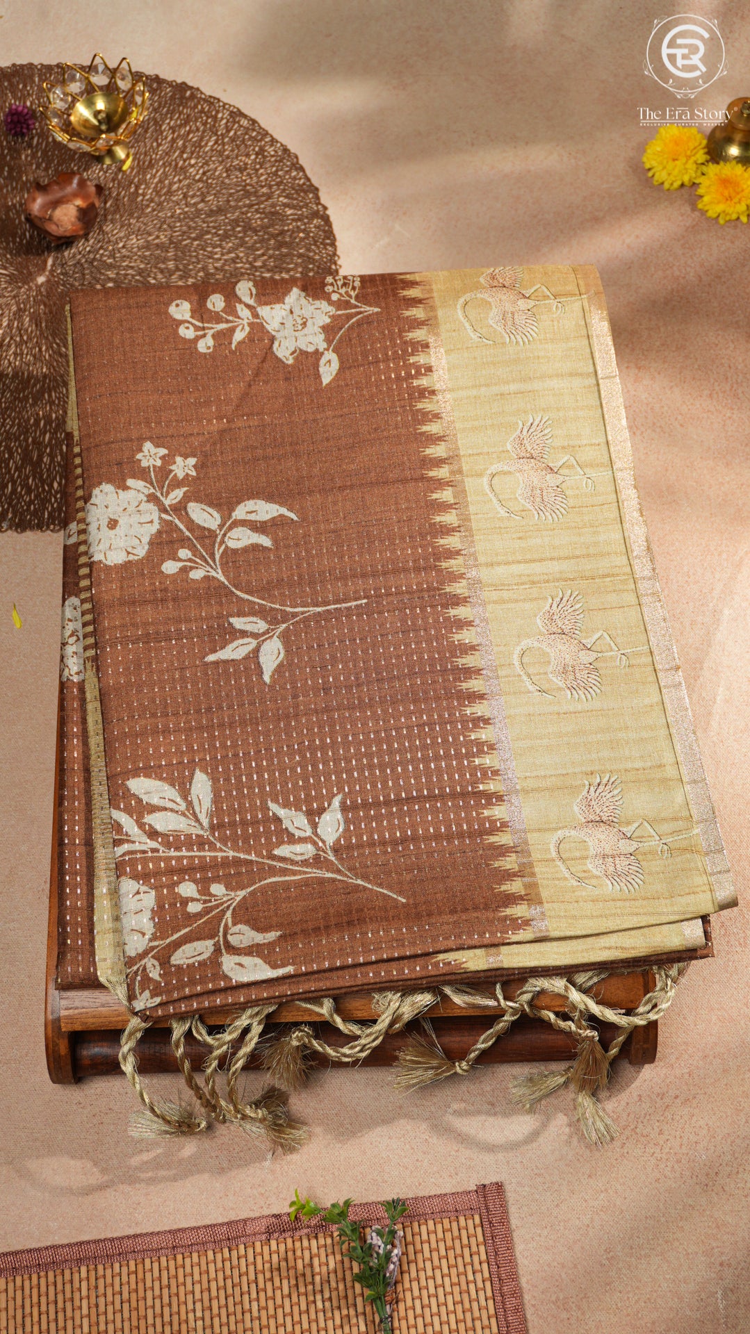 Brown & Beige Floral Kantha Matka Tussar Silk Saree
