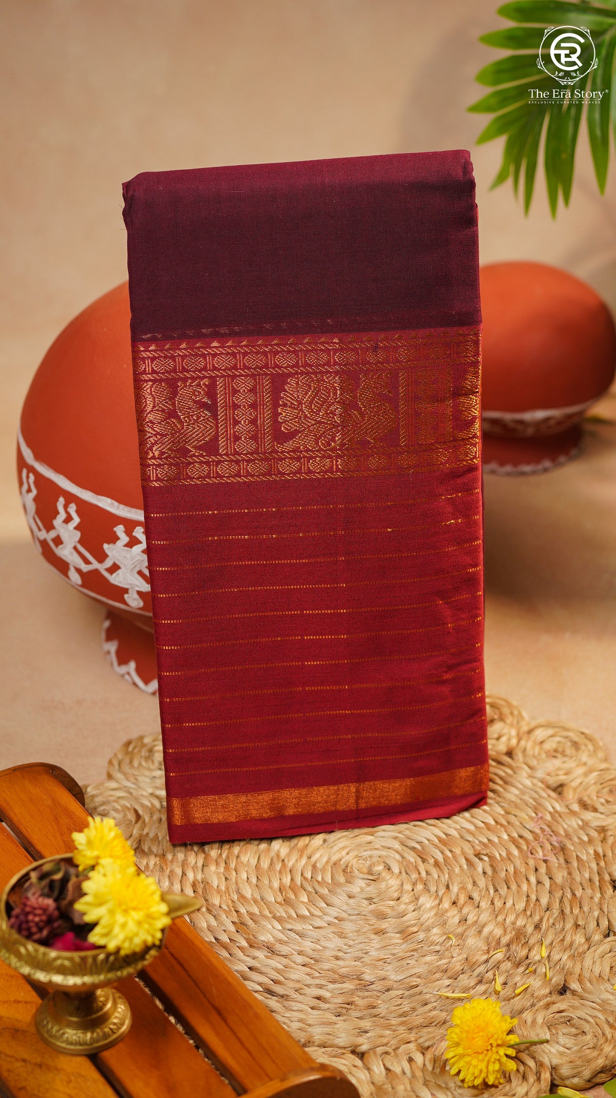 Maroon & Red Peacock Gold Zari Border Handloom Narayanpet Cotton Saree