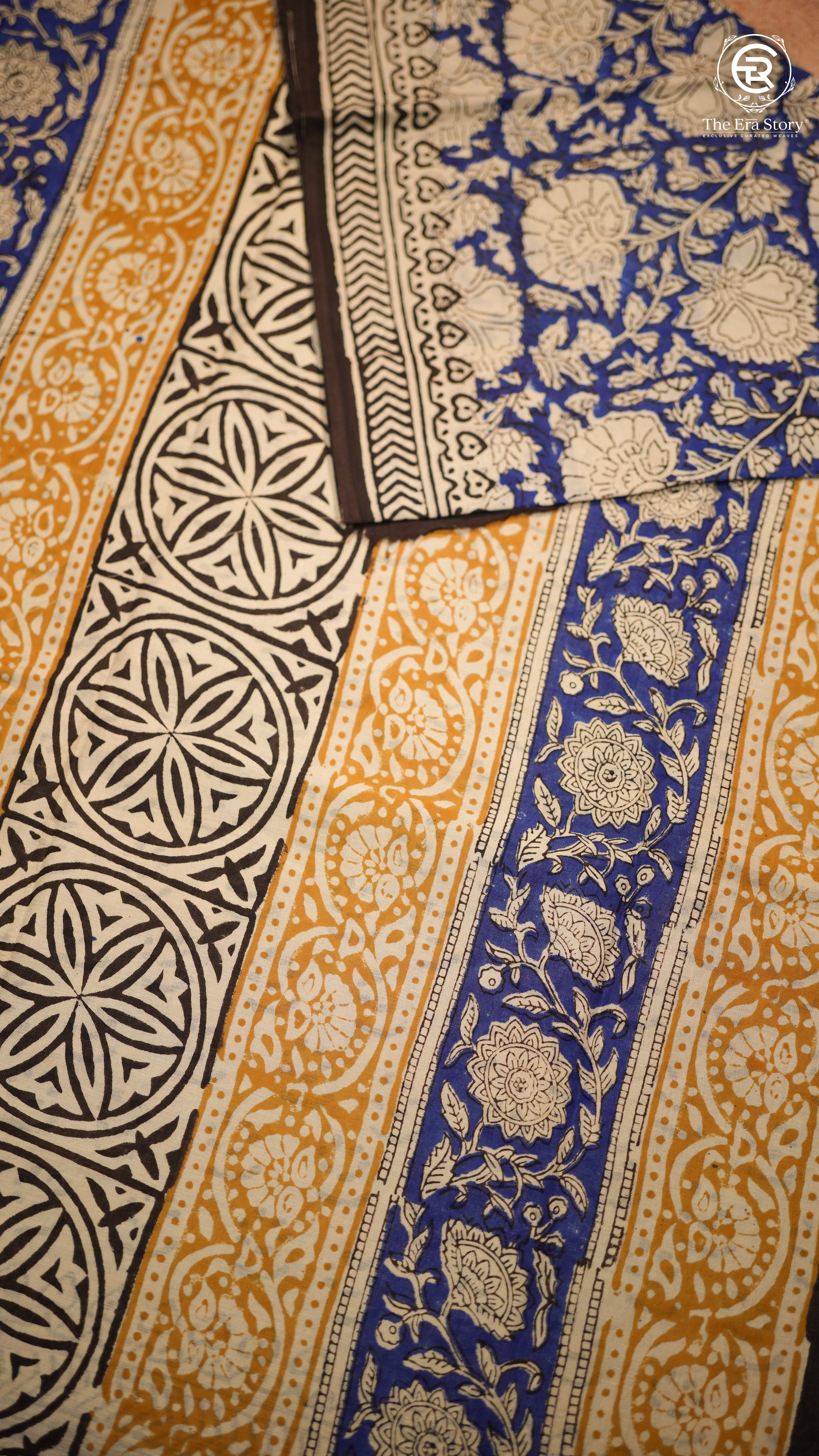Blue & Yellow Floral Handblocked Pure Mul Cotton Saree
