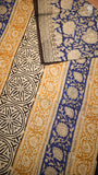 Blue & Yellow Floral Handblocked Pure Mul Cotton Saree
