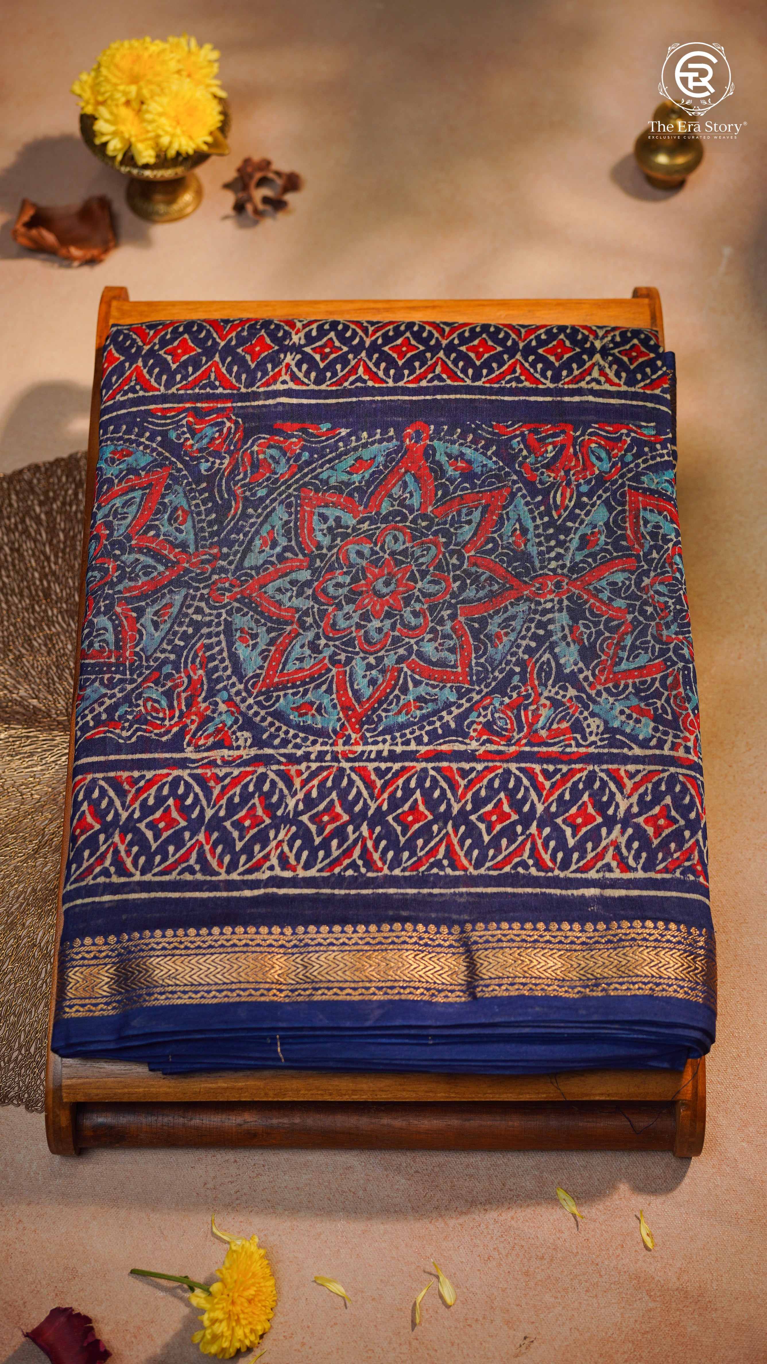 Blue & Red Ajrakh Handblocked Pure Maheshwari Cotton Saree