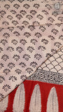 White and Red Geometric Floral Handblocked Pure Cotton Saree
