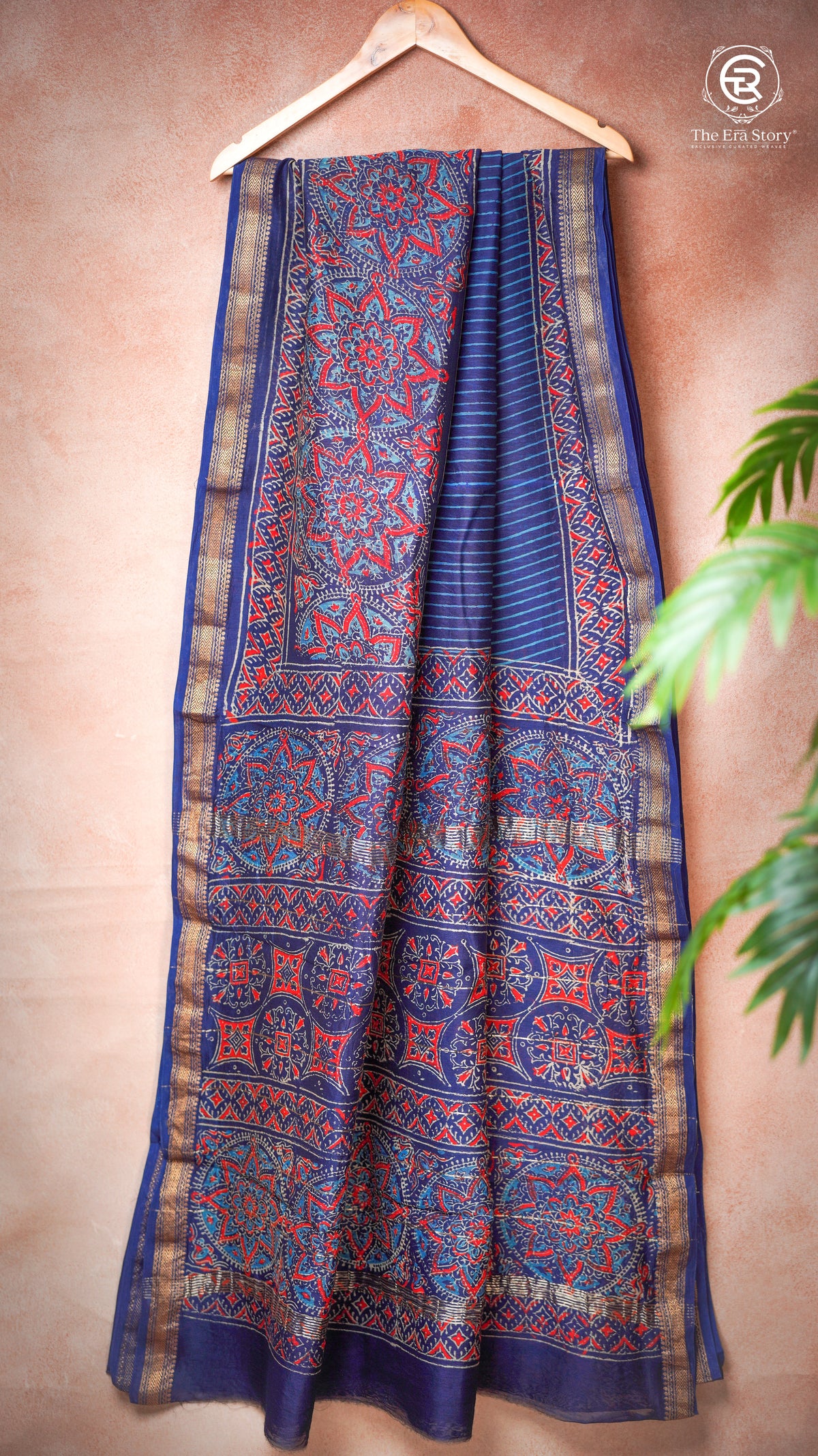 Blue & Red Ajrakh Handblocked Pure Maheshwari Cotton Saree