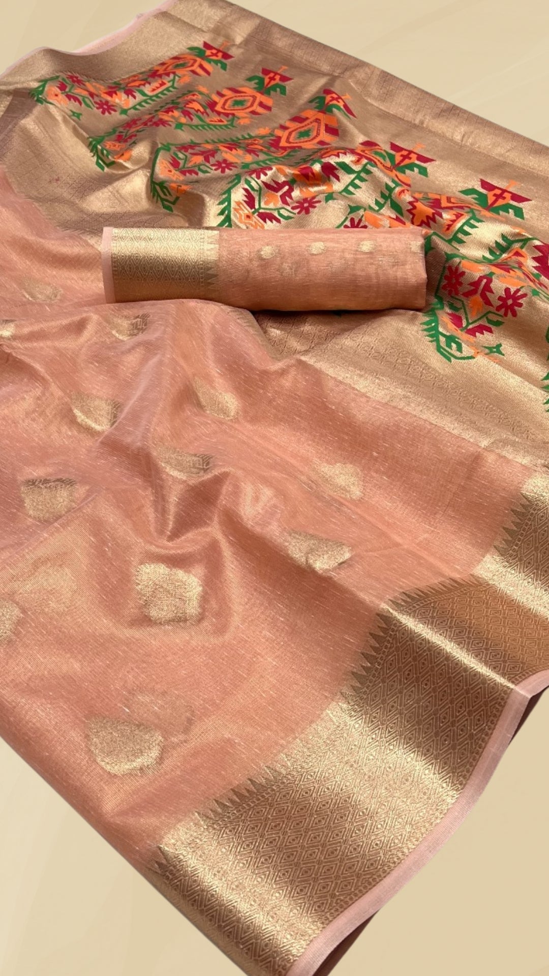 Peach Jamdani Kora Tissue Silk Saree