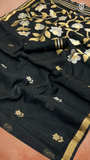 Black Gold Silver Floral Tussar Silk Saree