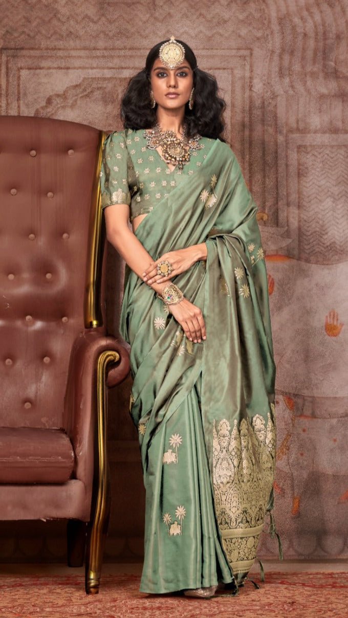 Light Green Pichwai Zari Weaving Satin Munga Banarasi Silk Saree