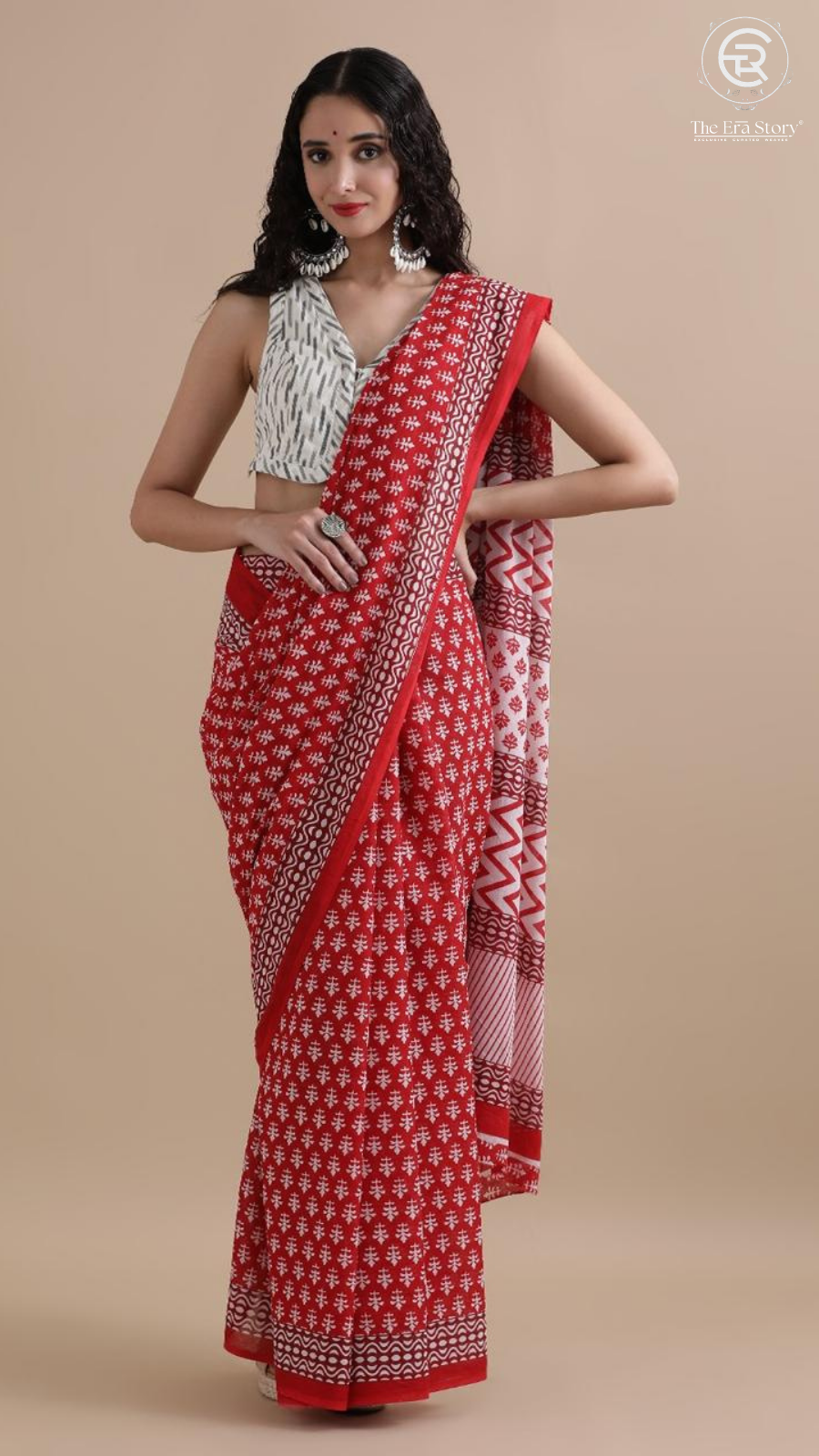 Red Floral Motif Contemporary Handblocked Pure Mul Cotton Saree