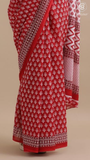 Red Floral Motif Contemporary Handblocked Pure Mul Cotton Saree