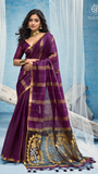 Purple & Gold Paisley Raw Tussar Silk Saree