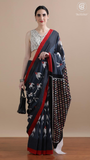 Navy Blue & Red Bird Motif Contemporary Handblocked Pure Mul Cotton Saree