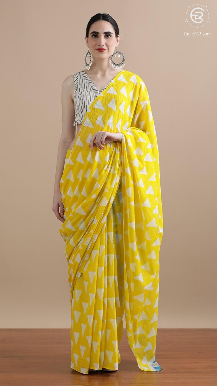 Yellow Triangle Contemporary Handblocked Pure Mul Cotton Saree