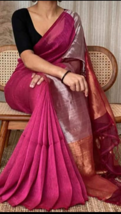 Hot Pink with Sliver Pallu Tissue Khadi Cotton Saree