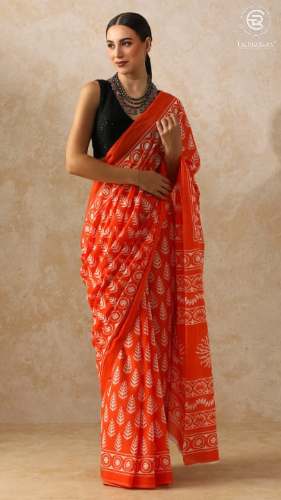Orange Floral Motif Contemporary Handblocked Pure Mul Cotton Saree