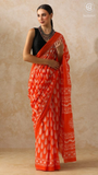 Orange Floral Motif Contemporary Handblocked Pure Mul Cotton Saree