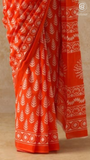Orange Floral Motif Contemporary Handblocked Pure Mul Cotton Saree