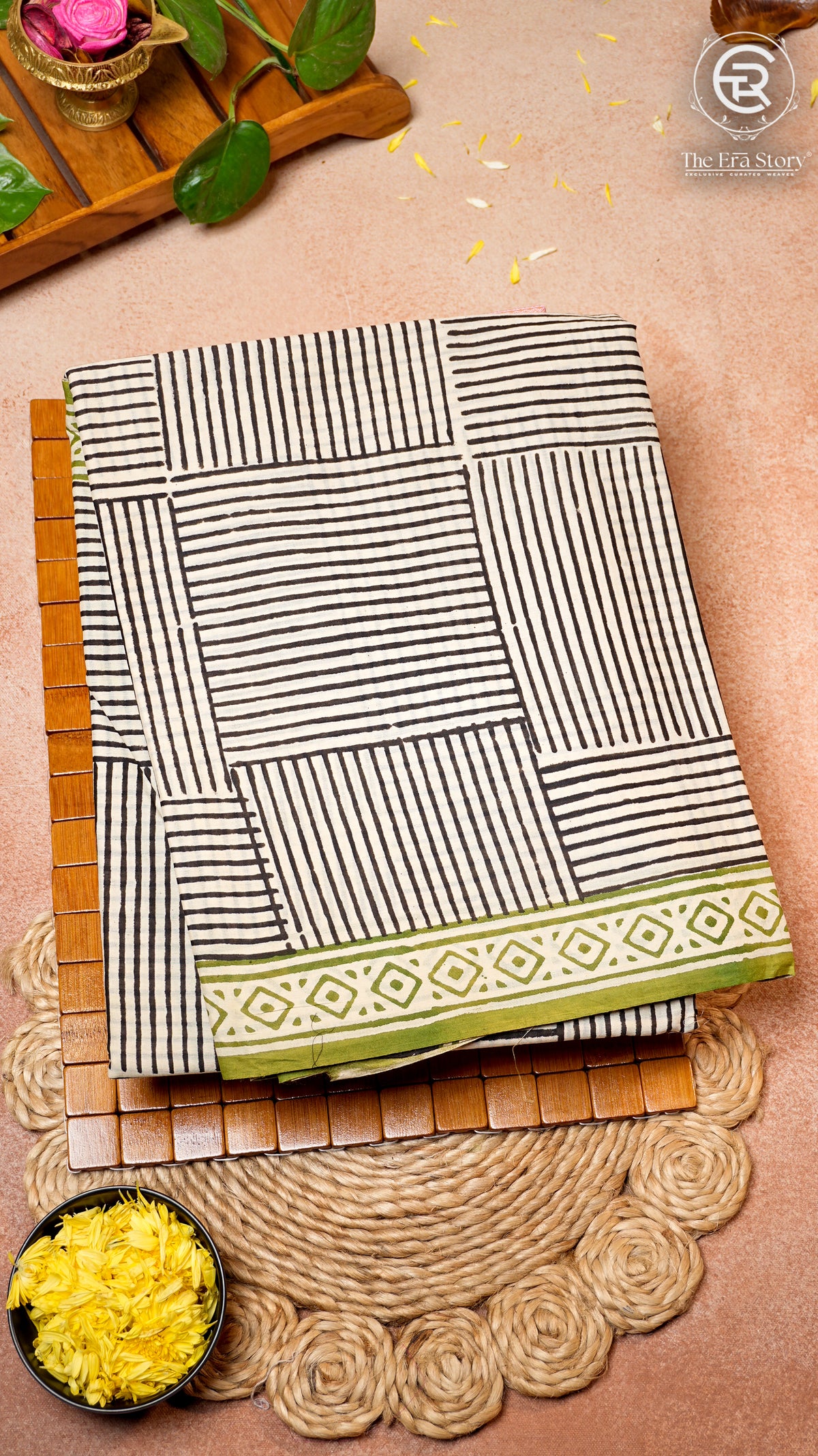 White and Yellow Geometric Handblocked Pure Cotton Saree