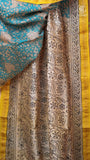 Sea Green & Yellow Floral Handblocked Pure Maheshwari Cotton Saree
