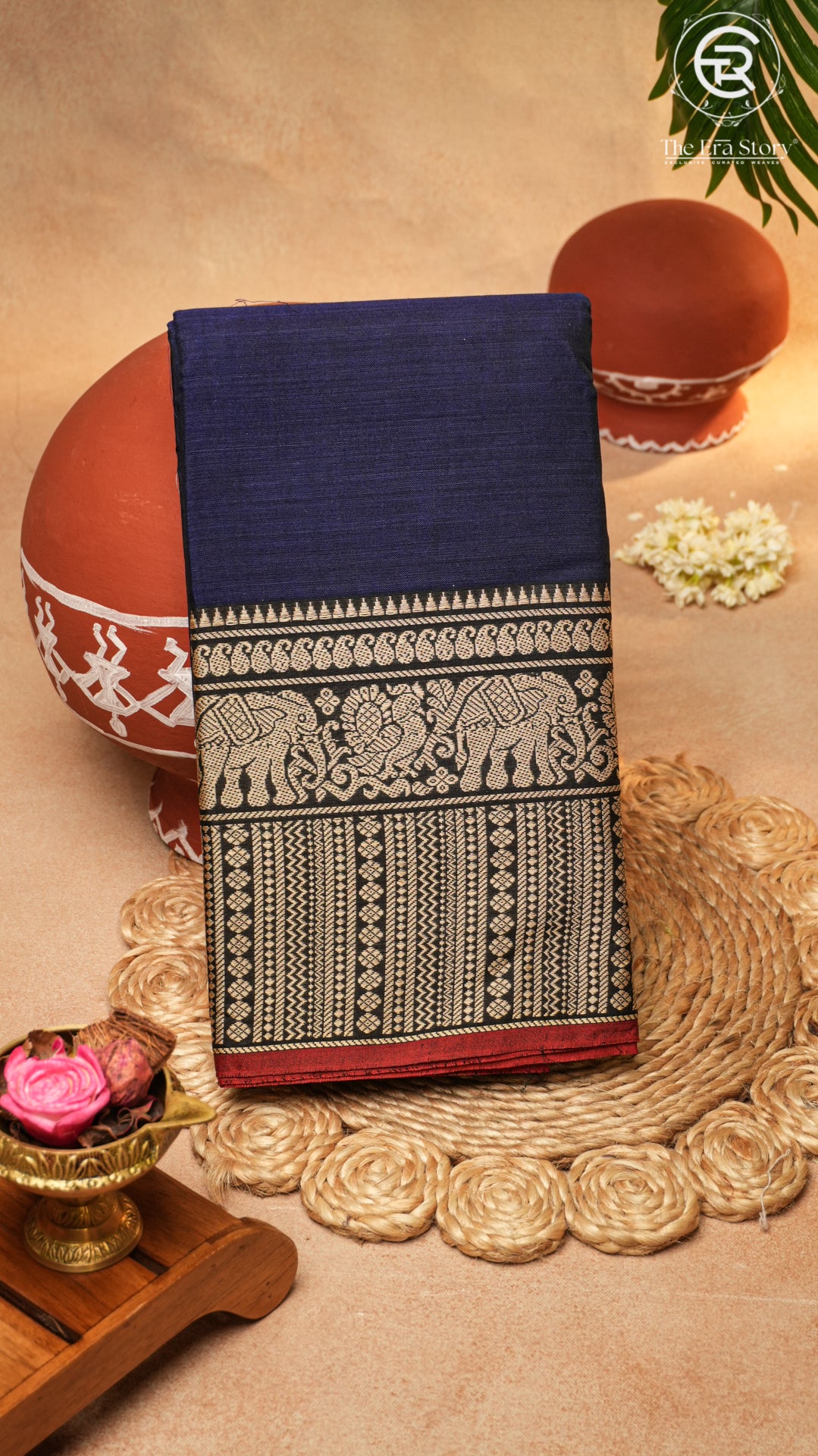 Navy Blue Elephant & Peacock Border Handloom Narayanpet Cotton Saree