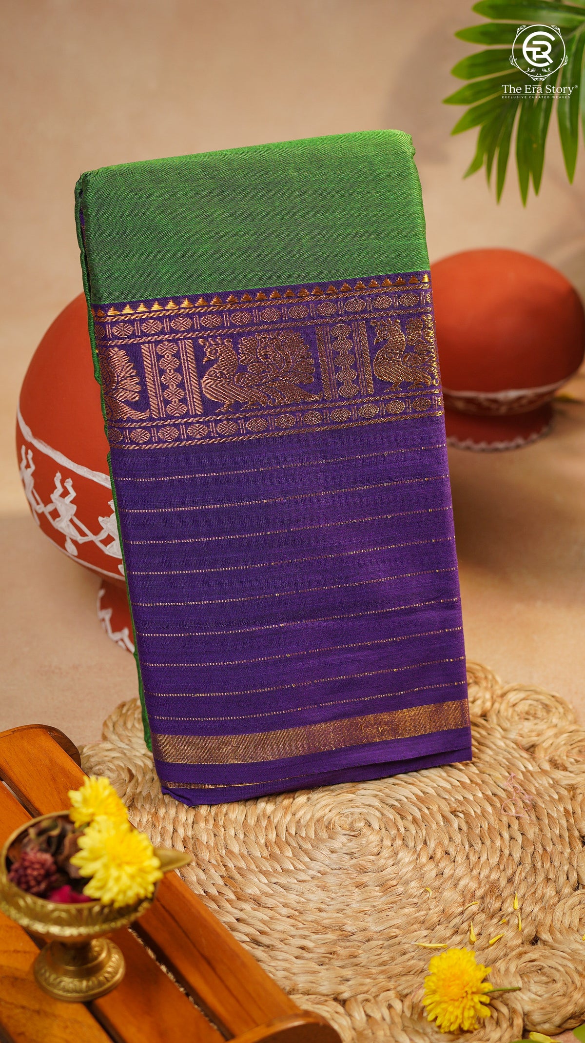 Green & Purple Peacock Gold Zari Border Handloom Narayanpet Cotton Saree