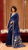 Navy Blue Gold Silver Floral Tussar Silk Saree